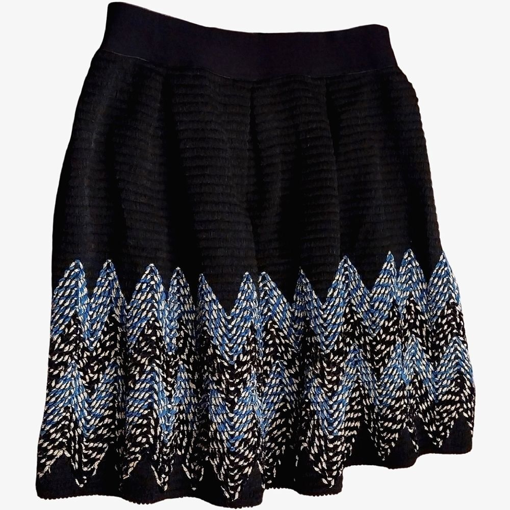 See U Soon, Flare Midi Knit Skirt, Size 6, Black w/ Blue & Silver Embroidery